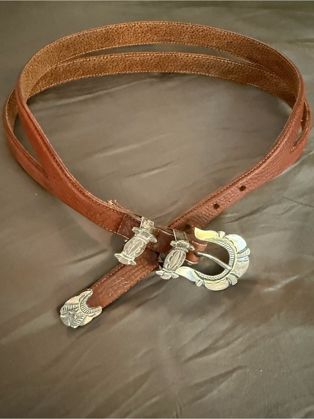 Brown Leather Western Belt with Sterling Silver Buckle 925 made in Mexico